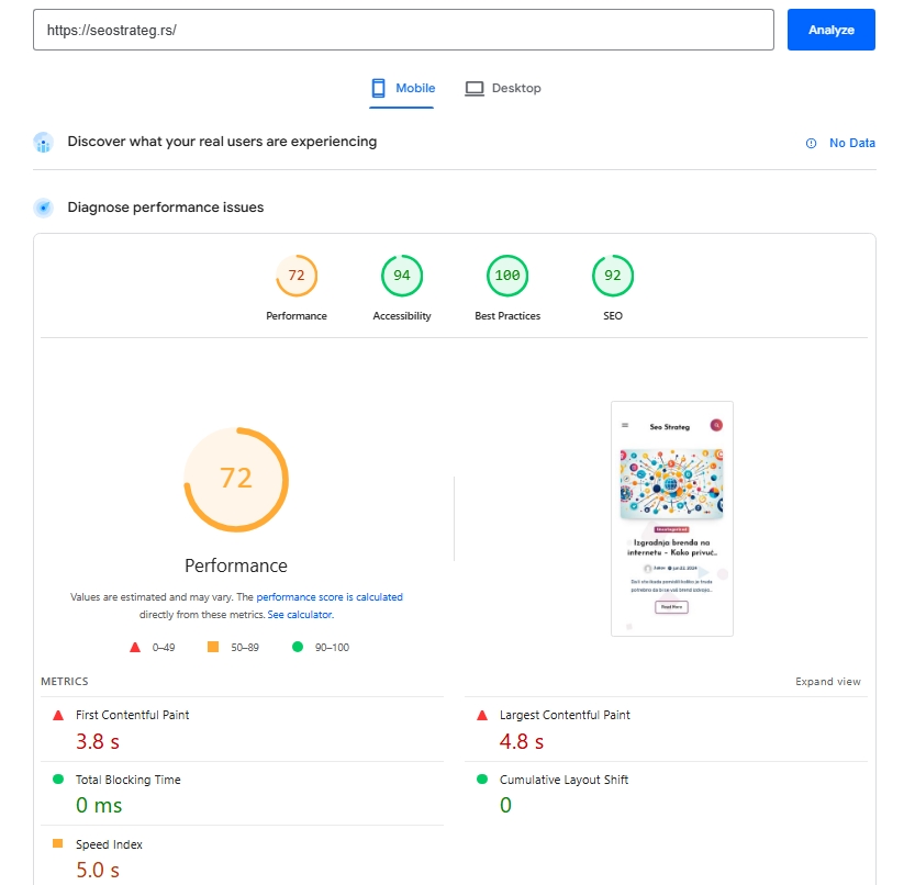 Izveštaj Google PageSpeed Insights testa za seostrateg.rs, prikazuje ocenu performansi 72 na mobilnim uređajima